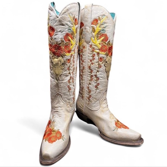 Corral Boots White Distressed Floral & Deer Embroidered  NTW, 7.5 - Picture 1 of 9